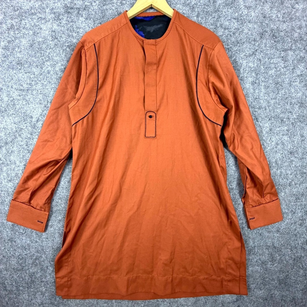 Indian Kurta Style Tunic Shirt Mens Orange Long Sleeve Collarless Half Button